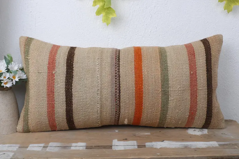 Kilim Rug Cushion, Personalized Gift Pillow Cushion Case, Pillow, Kilim Cushion Sham, 12x24 Beige Pillow, Turkish Kilim Pillow, Throw Kilim Pillow - 2