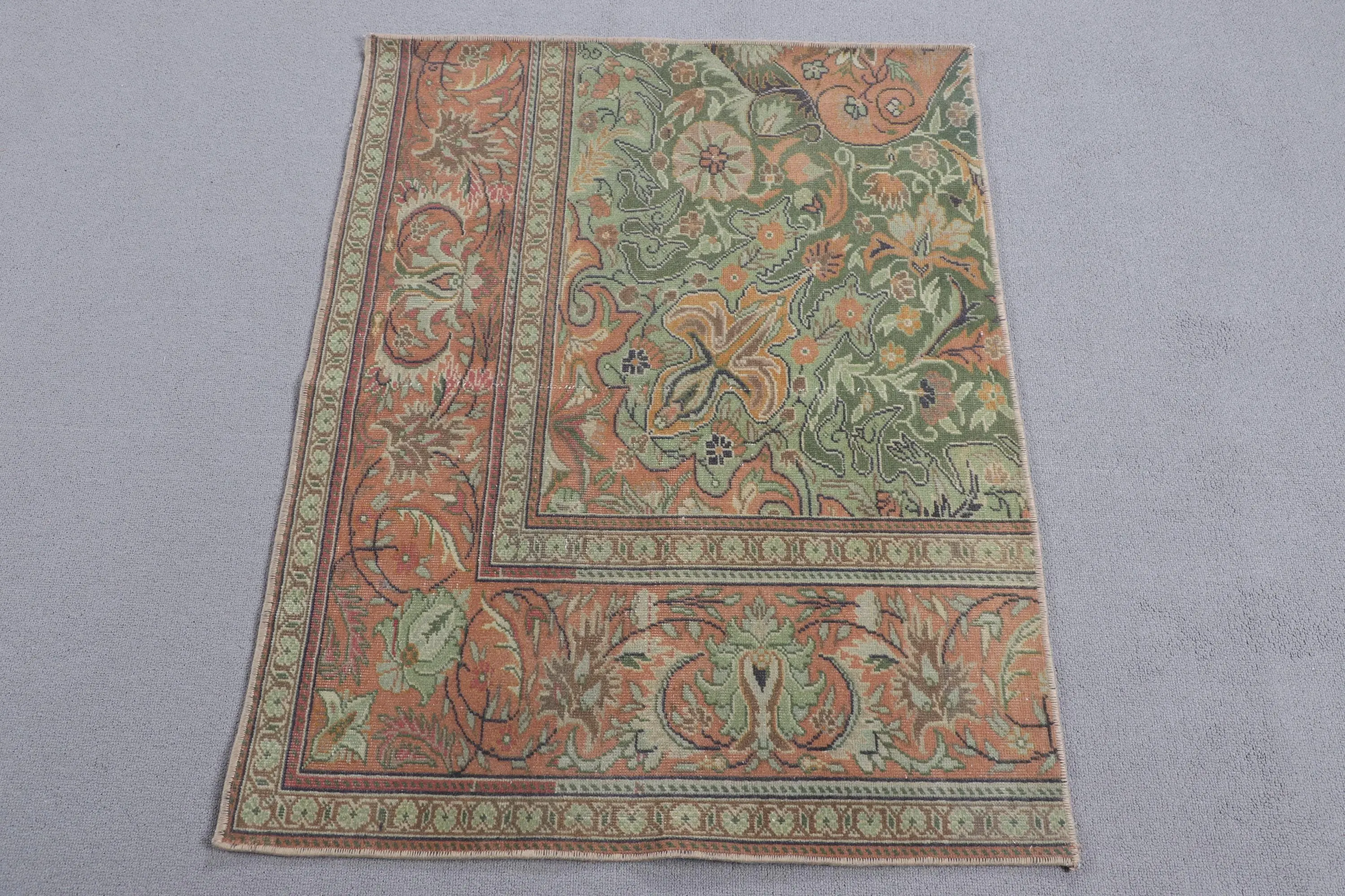 2.4x3.2 ft Rug, Vintage Turkish Rug, Green Orange Floral Rug - 1