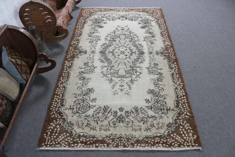 Turkish Vintage Rug, 3.8x6.9 ft Area Rug, Brown Oushak Bordered Rug - 1