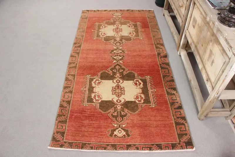 El Yapımı Kırmızı Halı, 0,3x6,3 ft Bordürlü Tasarım