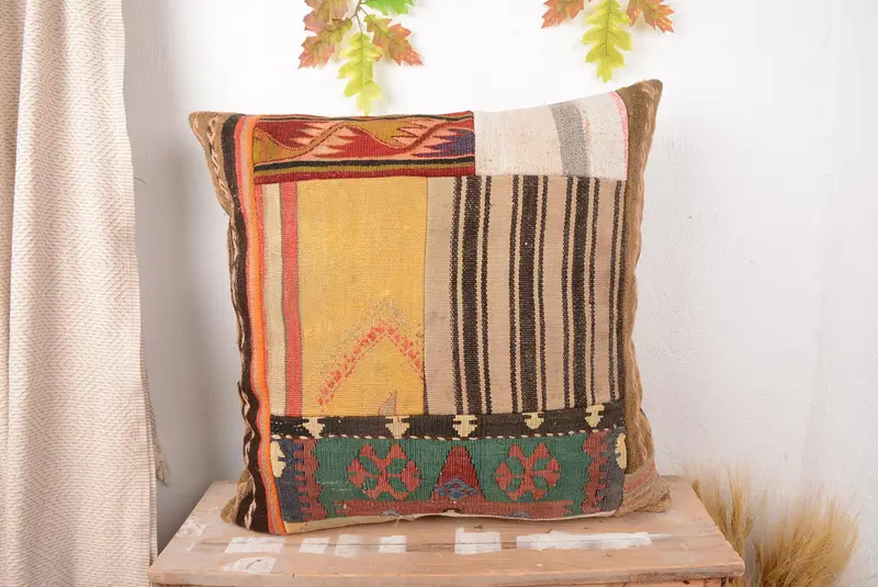 Brown Patchwork Throw Pillow, 28x28 Embroidered Cushion
