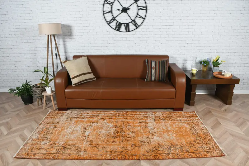 3.7x7.4 ft Vintage Rug, Turkish Area Rug, Orange Brown Camouflage Rug - 1