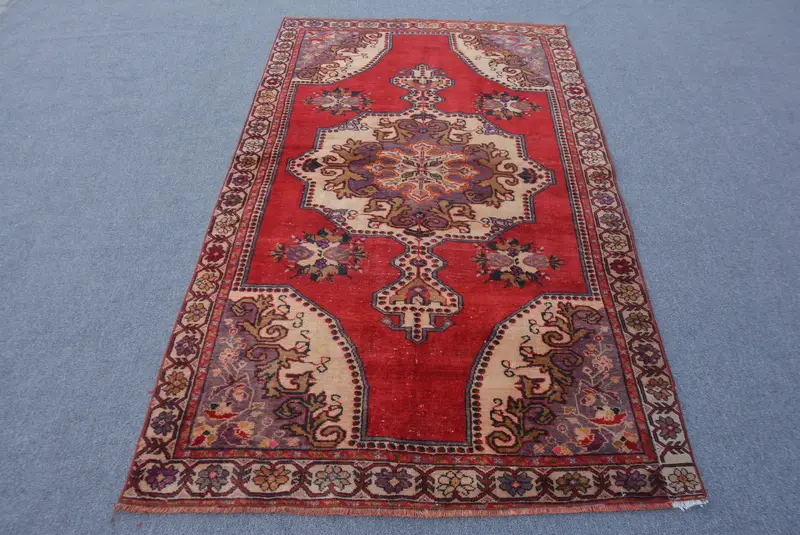 Turkish 4x7 ft Rug, Area Vintage Rug, Red Floral Wool Rug - 1