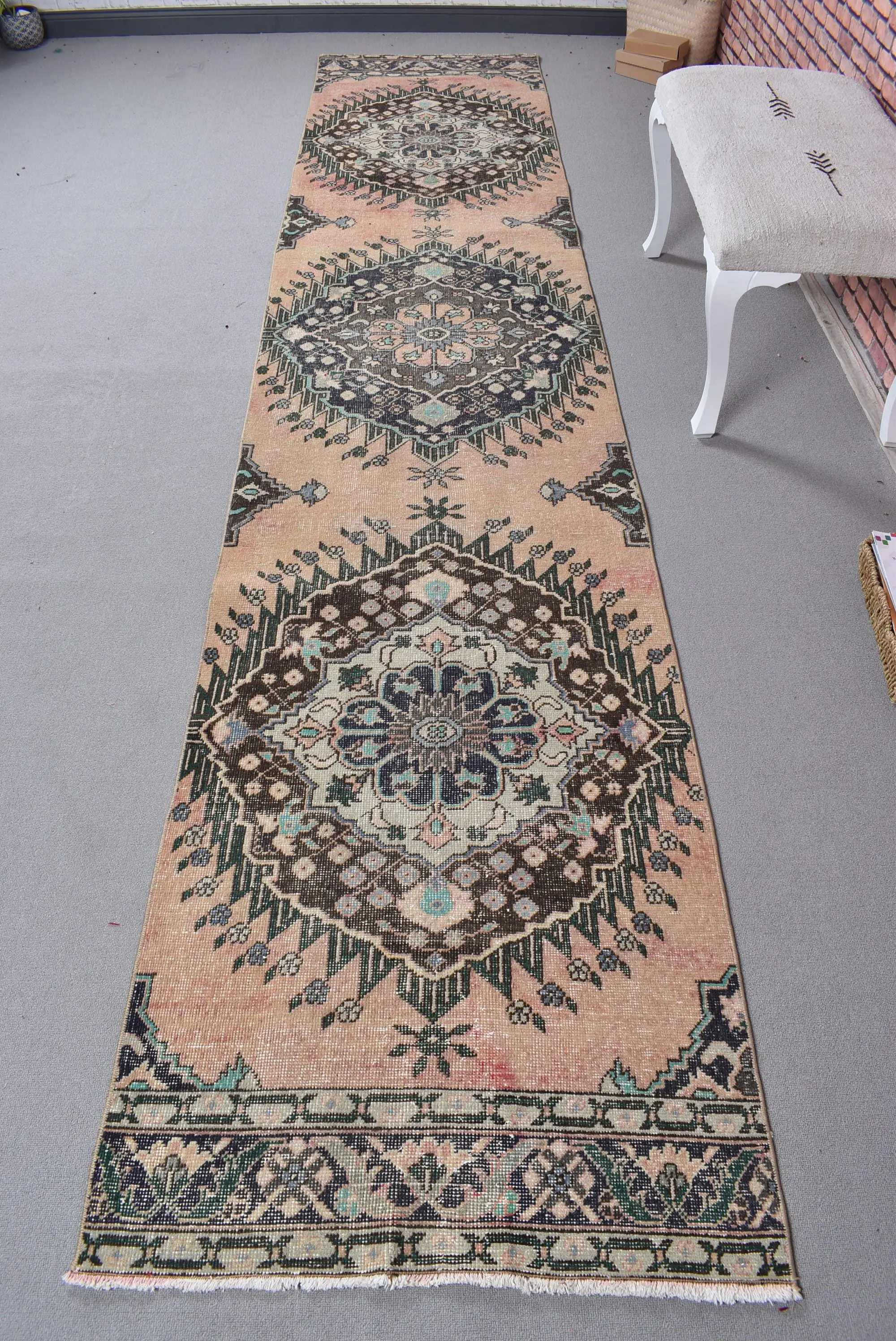 2.7x13.1 ft Vintage Rug, Turkish Runner Rug, Brown Blue Patchwork Rug - 1