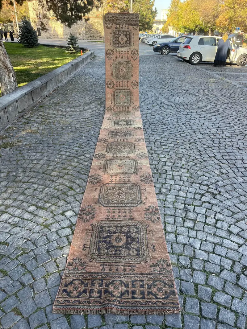 Oushak Halı, 2.4x21.19 ft Vintage Halı, Kahverengi Ombré Halı Yün - 1