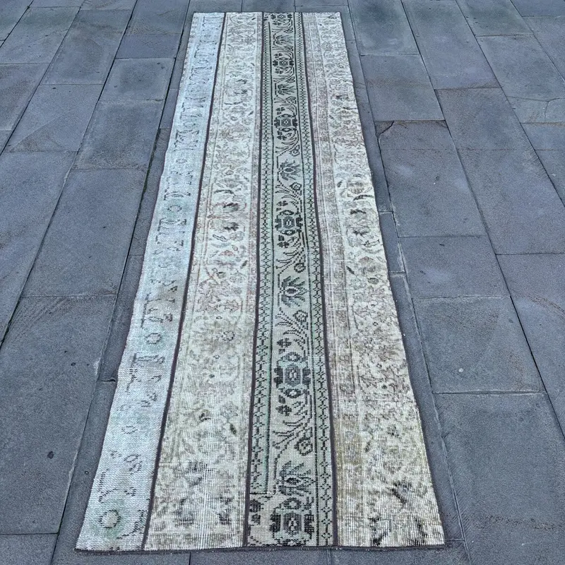 2.7x9.3 ft Vintage Rug, Turkish Runner Rug, Gray Brown Bordered Wool Rug - 1