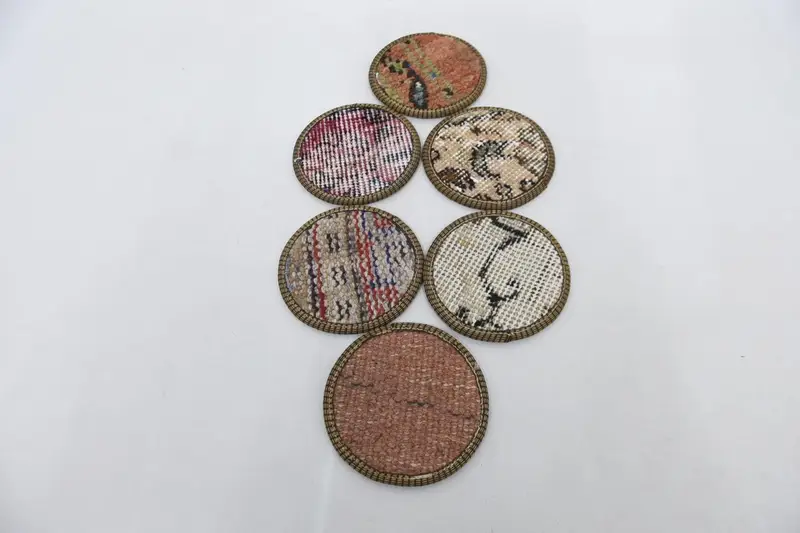 Brown and Beige Kilim Coaster, Woven Turkish Rug Coaster