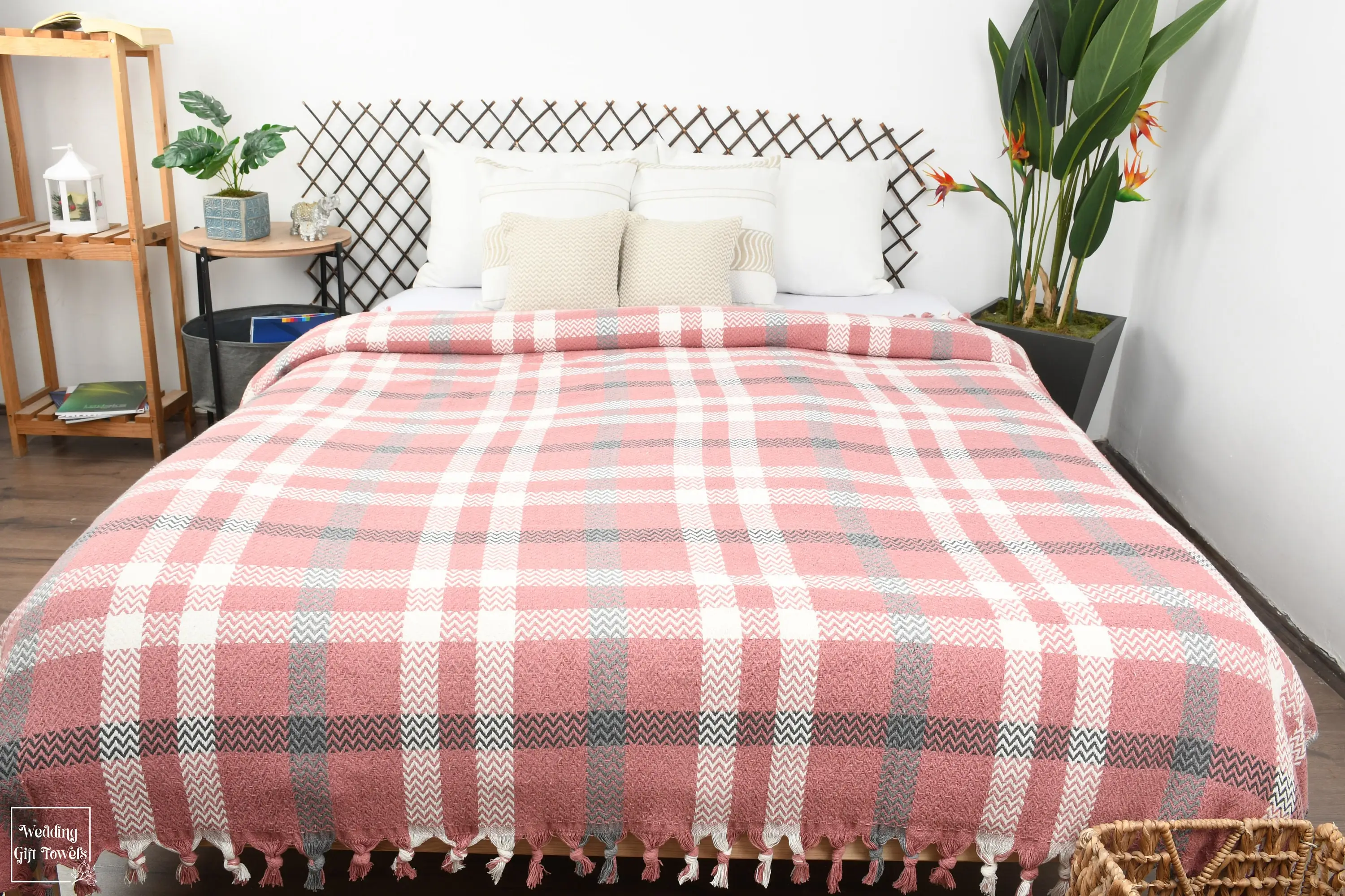Boho Turkish Cotton Throw Blanket Striped Beige Geometric, 79x89 Inches - 1