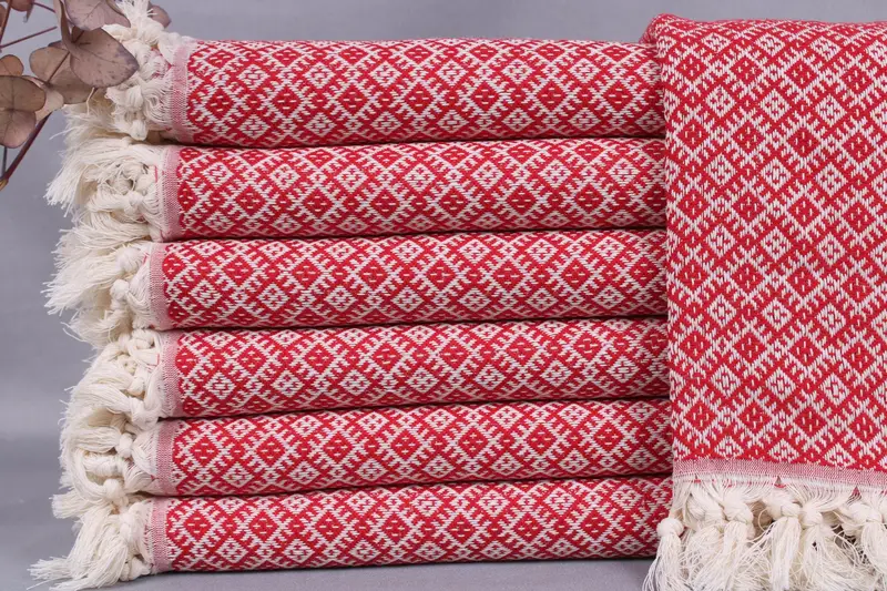 Organic Turkish Beach Towel Red Diamond, Beige, 40x71 Inches