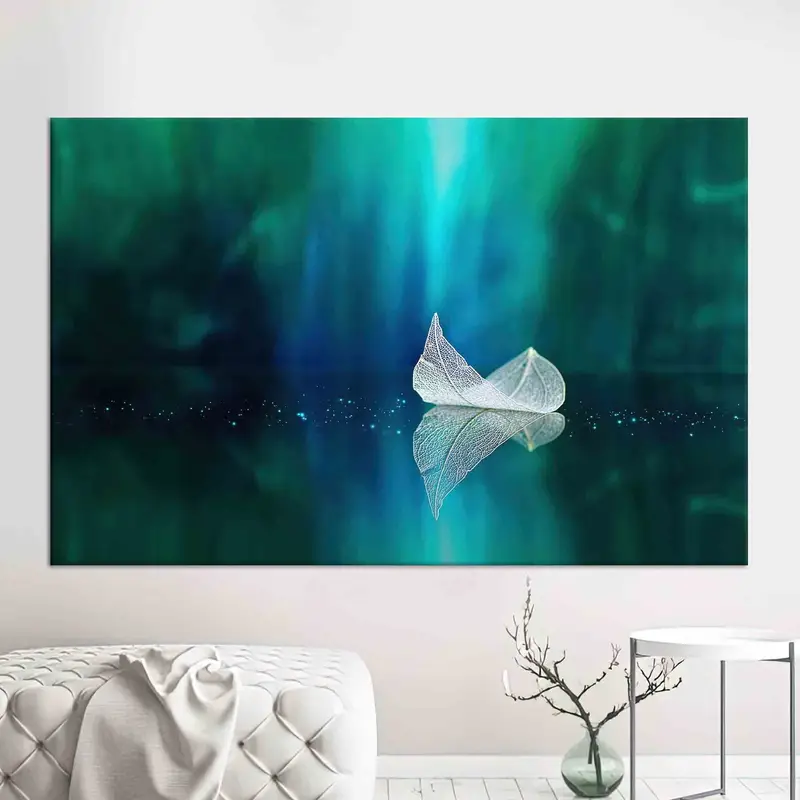 Nature Landscape Printed Canvas: Elegant Leaf & Lake View