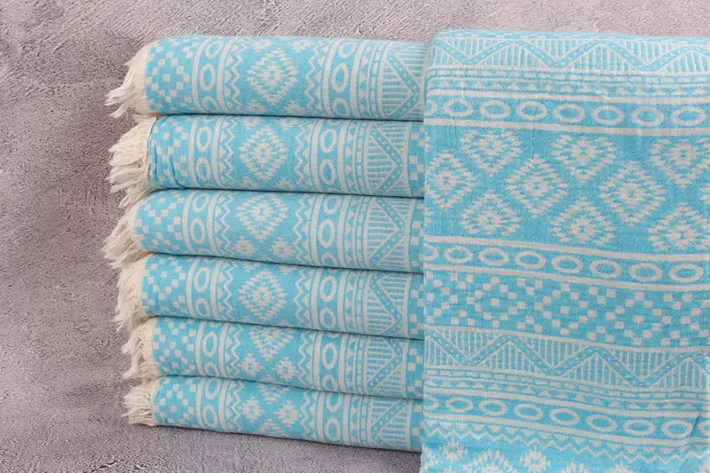Beach Towel Organic Turquoise Geometric Peshtemal, Beige, 36x71 Inches