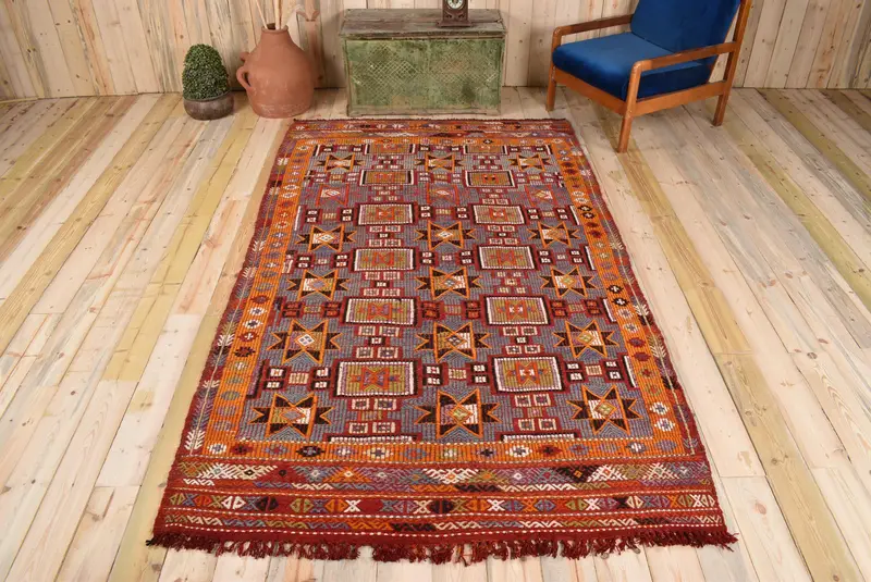 Mor Çiçekli Halı, 5,2x8,8 ft Zarif Kırmızı Vurgular