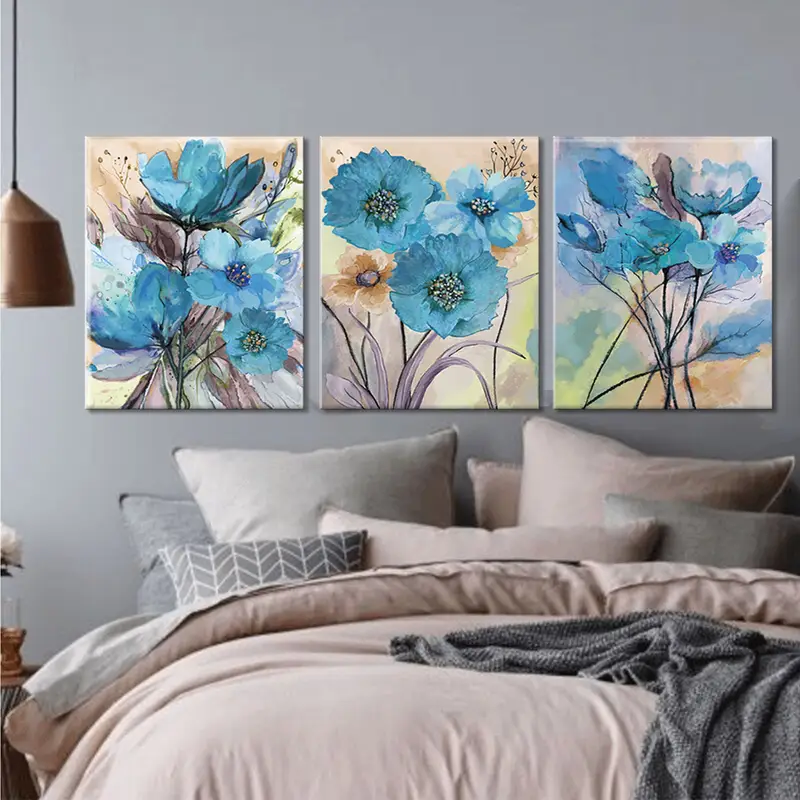 Modern Abstract Art, Blue Flowers Oil Painting, Wall Art Canvas, Abstract Artwork, Set of 3 Flowers Art, Large Wall Art, Flowers Prints, - 2