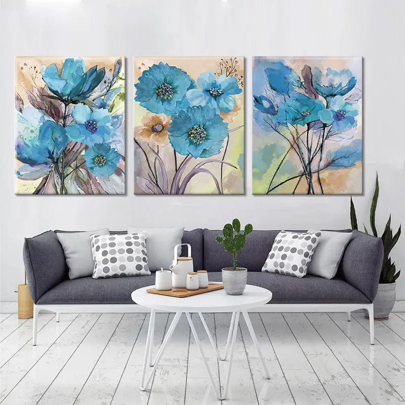 Modern Abstract Art, Blue Flowers Oil Painting, Wall Art Canvas, Abstract Artwork, Set of 3 Flowers Art, Large Wall Art, Flowers Prints, - 1