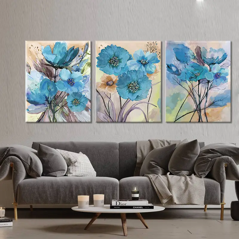 Modern Abstract Art, Blue Flowers Oil Painting, Wall Art Canvas, Abstract Artwork, Set of 3 Flowers Art, Large Wall Art, Flowers Prints, - 3