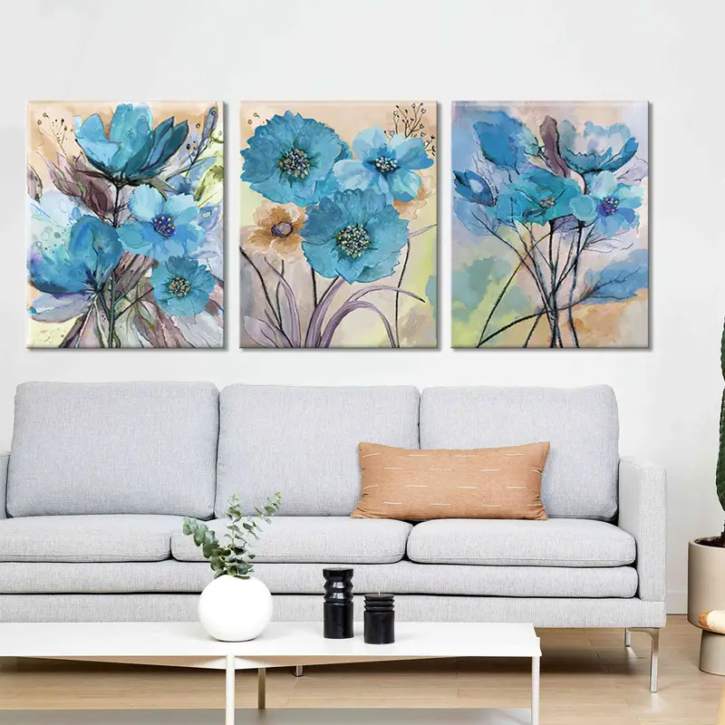 Modern Abstract Art, Blue Flowers Oil Painting, Wall Art Canvas, Abstract Artwork, Set of 3 Flowers Art, Large Wall Art, Flowers Prints, - 4