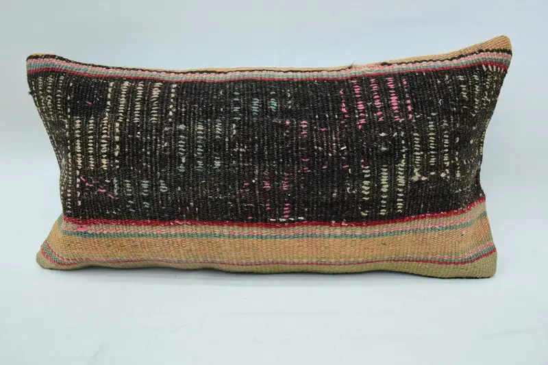 Throw Moroccan Wool Pillow Case, 8x16 inch LuxuryBeige Striped Pillow Cover - 1