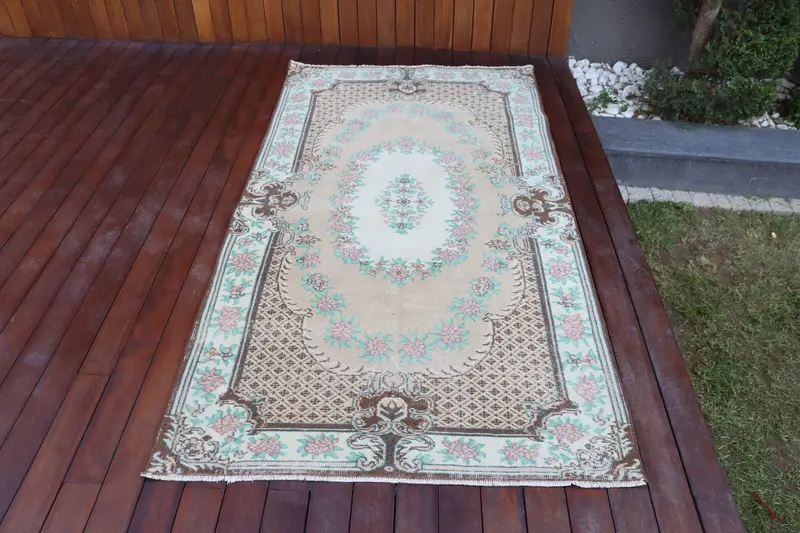 Türk 3.7x7.1 ft Halı, Oushak Vintage Halı, Kahverengi Fas Halısı Yün - 1