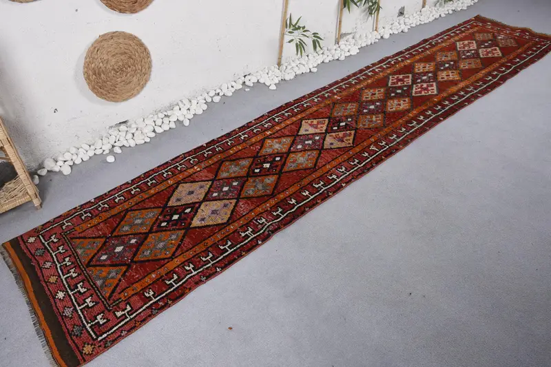 Turkish Vintage Rug, 2.5x12.3 ft Runner Rug, Red Orange Floral Rug