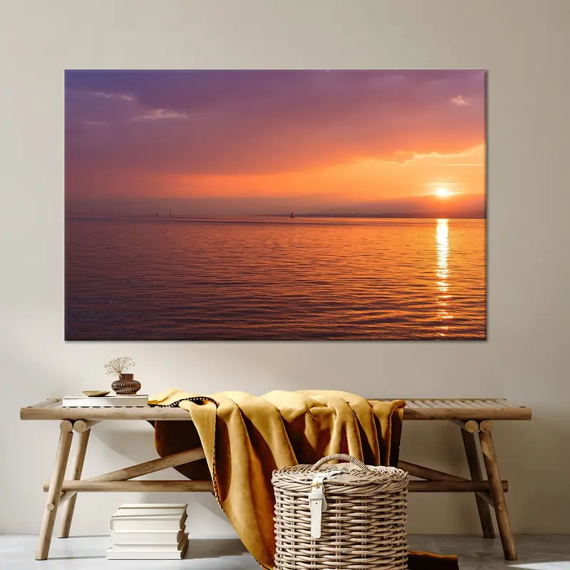 Oceanic Serenity: Sahil Sahili ve Gün Batımının Baskılı Kanvası