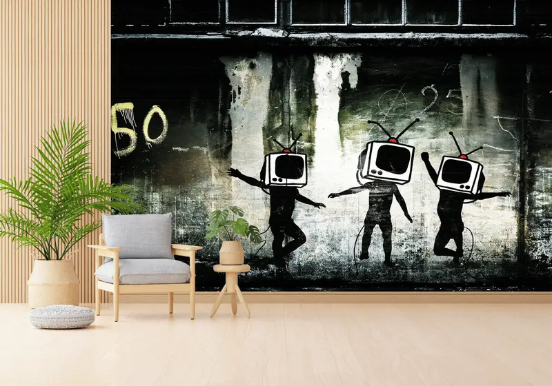 Papel pintado con grafiti de gente bailando inspirado en Banksy