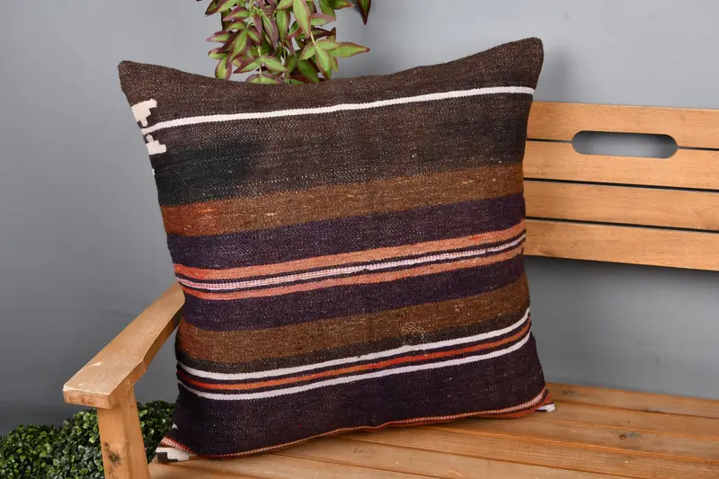 24x24 Brown Pillow, Vintage Pillow, Pillow Cover, Garden Cushion Cover, Bolster Throw Pillow Cover, Vintage Kilim Throw Pillow, Gift Pillow - 1