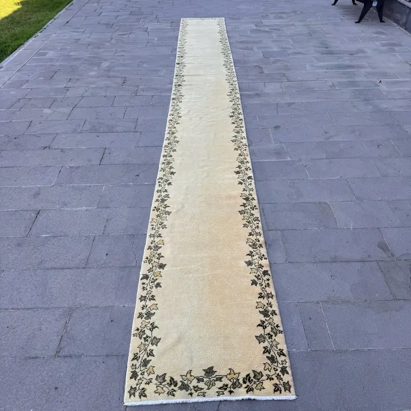 Vintage Rug, Runner 2.6x23.2 ft Turkish Rug, Beige Green Ikat Wool Rug - 1