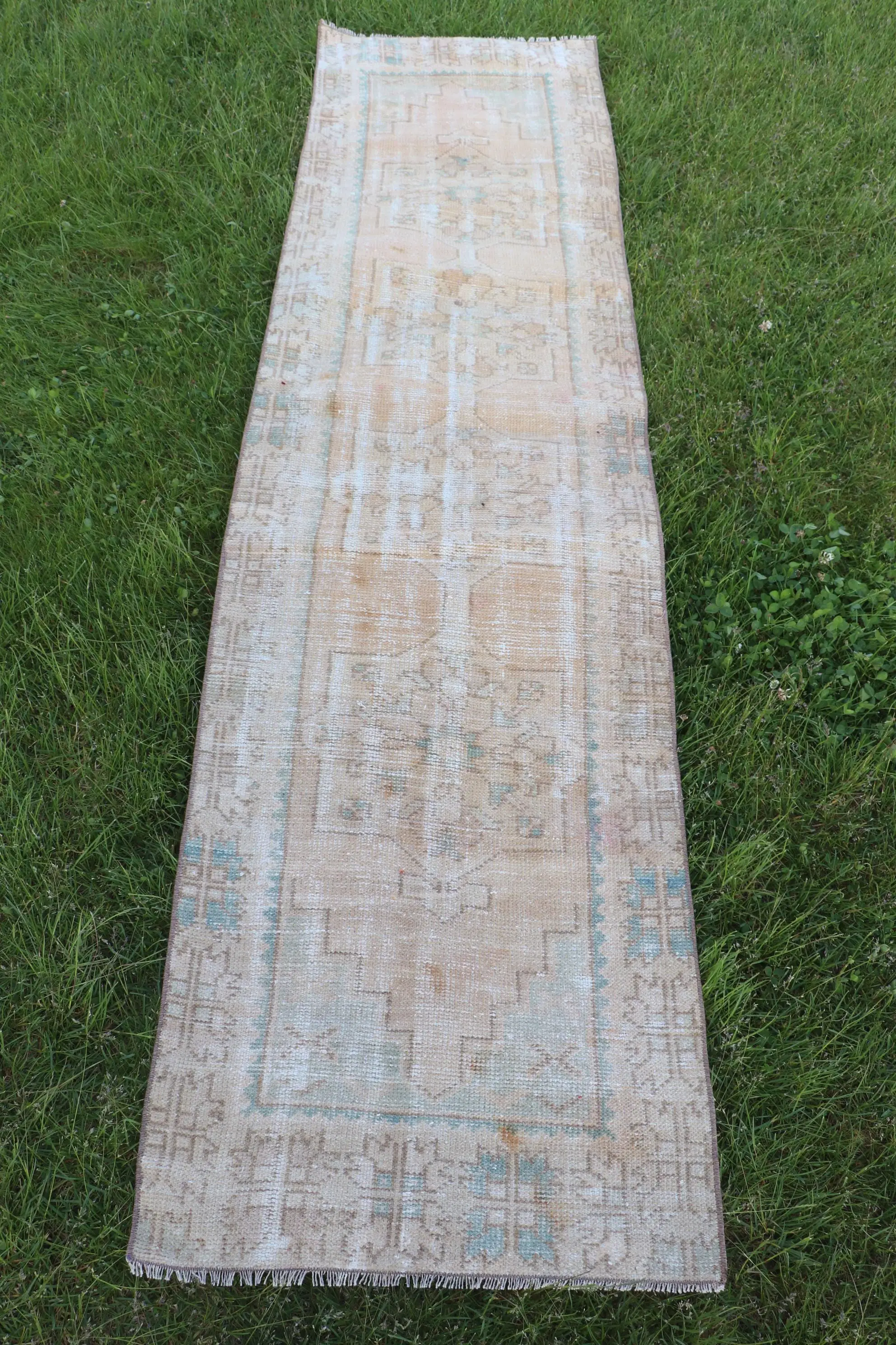 Turkish Rug, Runner 2.2x8.4 ft Vintage Rug, Brown Ombré Wool Rug - 1