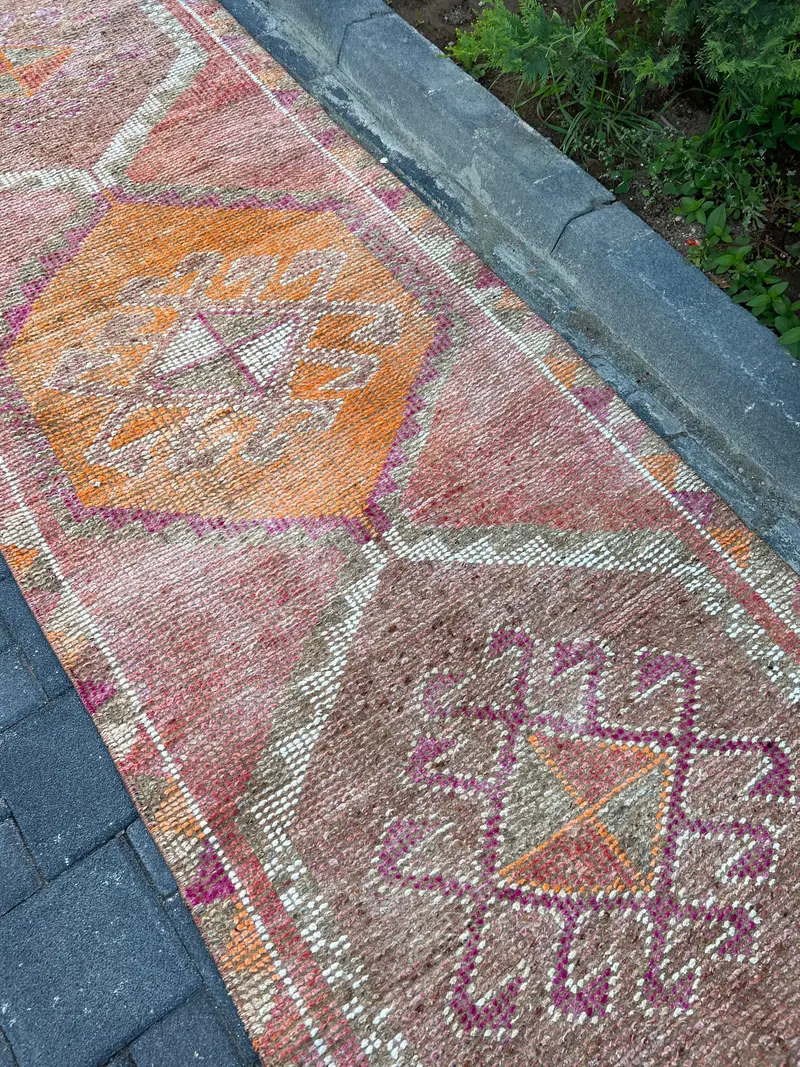 Turkish Herki Rug 3.1x9.9 ft, Red Orange Southwestern Wool Vintage Rug - 1
