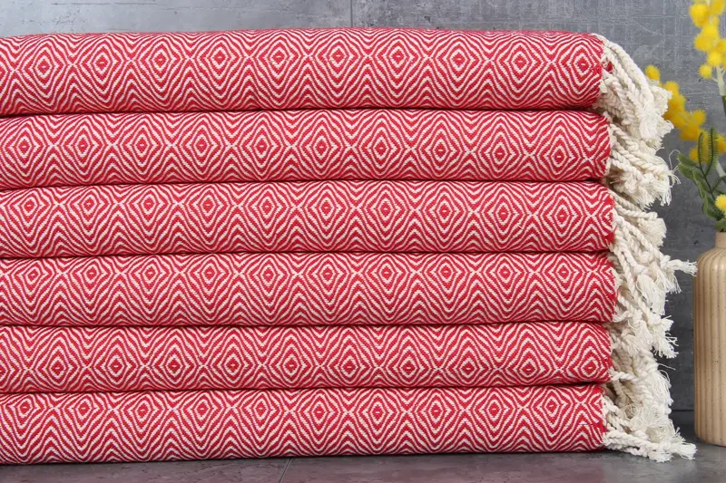 Turkish Tea Towel Hand Towel Diamond Red Peshkir, 18x36 Inches