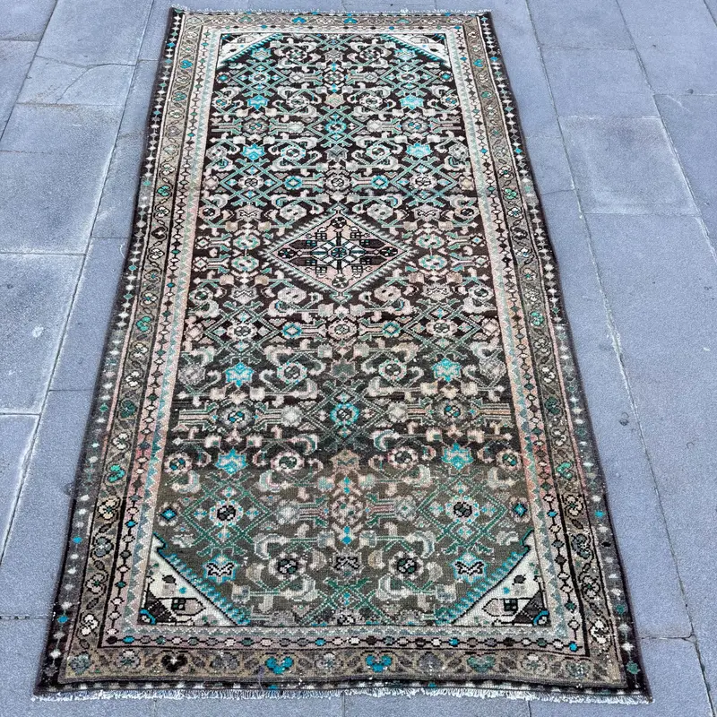 Turkish Accent Rug 3.3x6.4 ft, Blue Brown Abstract Rug Wool - 1