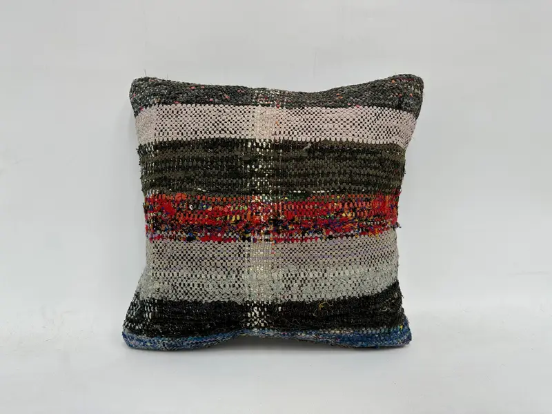 Ethnical Kilim Rug Pillow, 16x16 White Cushion Cover, Cushion Case, Home Decor Pillow, Boho Pillow Sham Cover, Handwoven Pillow Cover Pillow Sham - 1