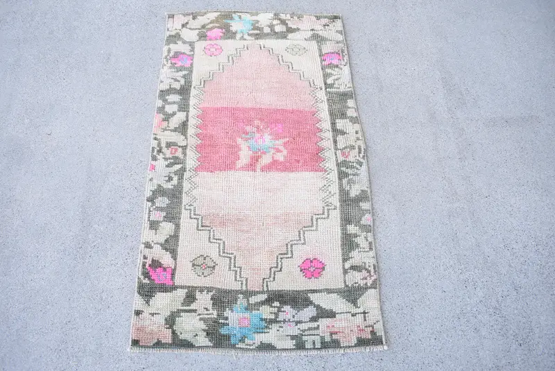 Vintage Rug, 2x3.5 ft Small Turkish Rug, Oushak Beige Green Polka dot Rug - 1