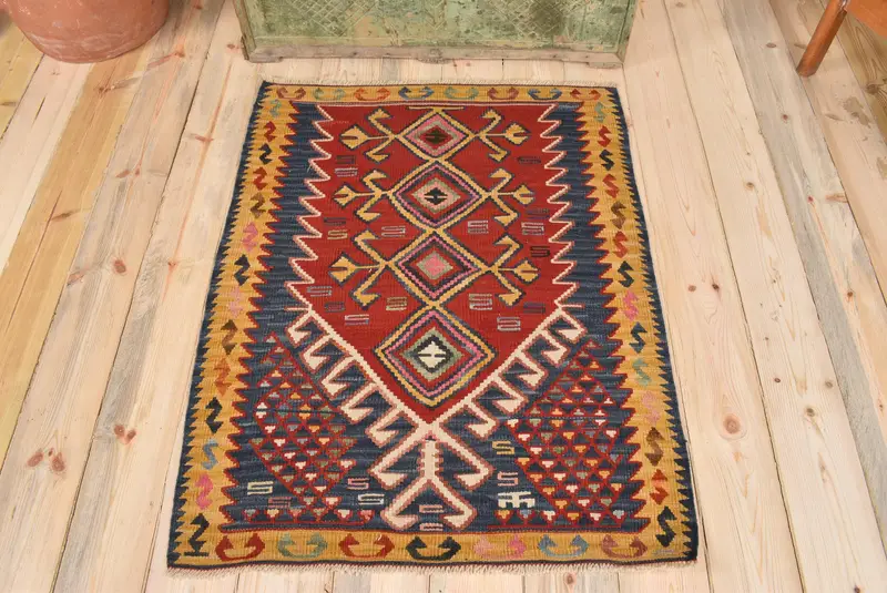 Kırmızı ve Mavi Güneybatı Halısı, 2,7x3,5 ft Zarif Dekor