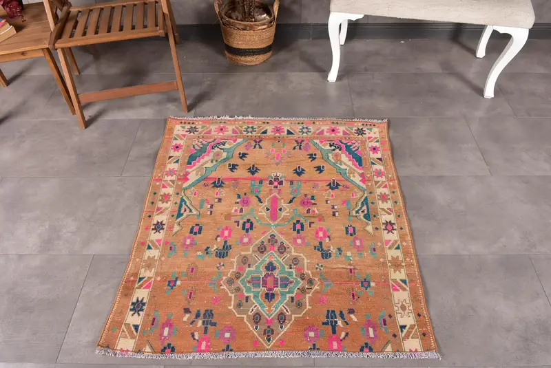 Alfombra de 3,4x3,8 pies, alfombra turca Oushak, alfombra Paisley de lana marrón vintage - 1