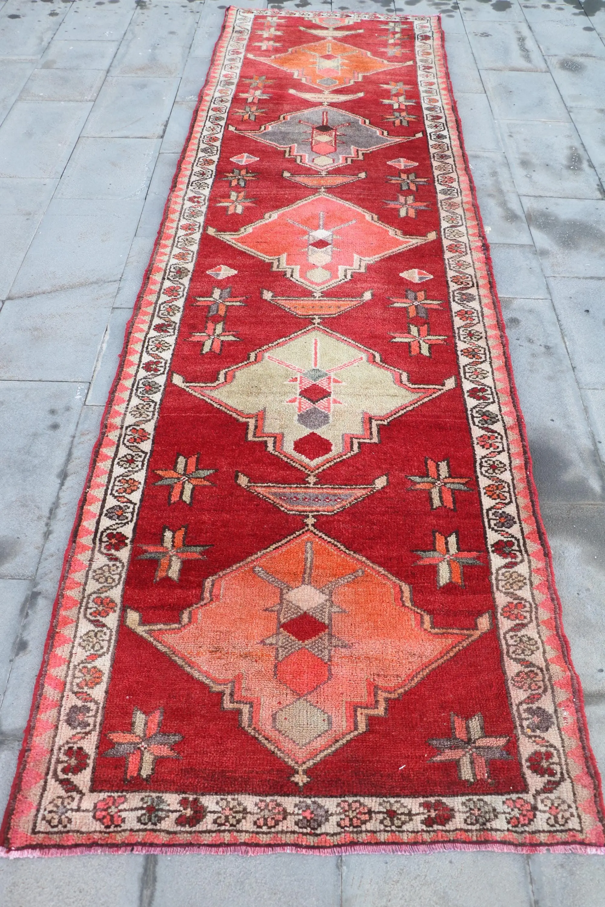 Vintage Halı, Yolluk 3.2x12 ft Türk Halısı, Kırmızı Turuncu Patchwork Yün Halı - 1