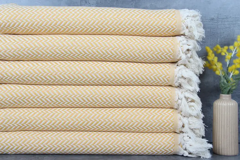 Wholesale Organic Cotton Chevron Mustard Beach Towel, Beige, 40x71 Inches