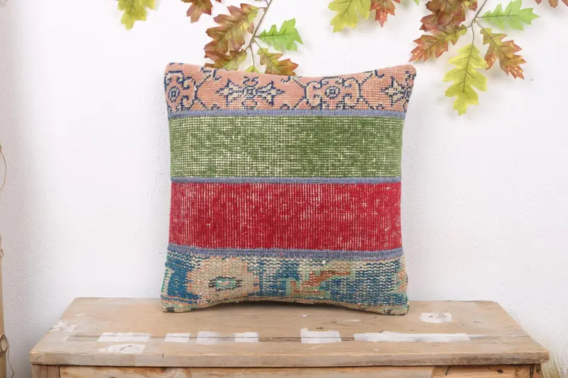 Rot-grünes Patchwork-Wurfkissen, 18x18 besticktes Kissen