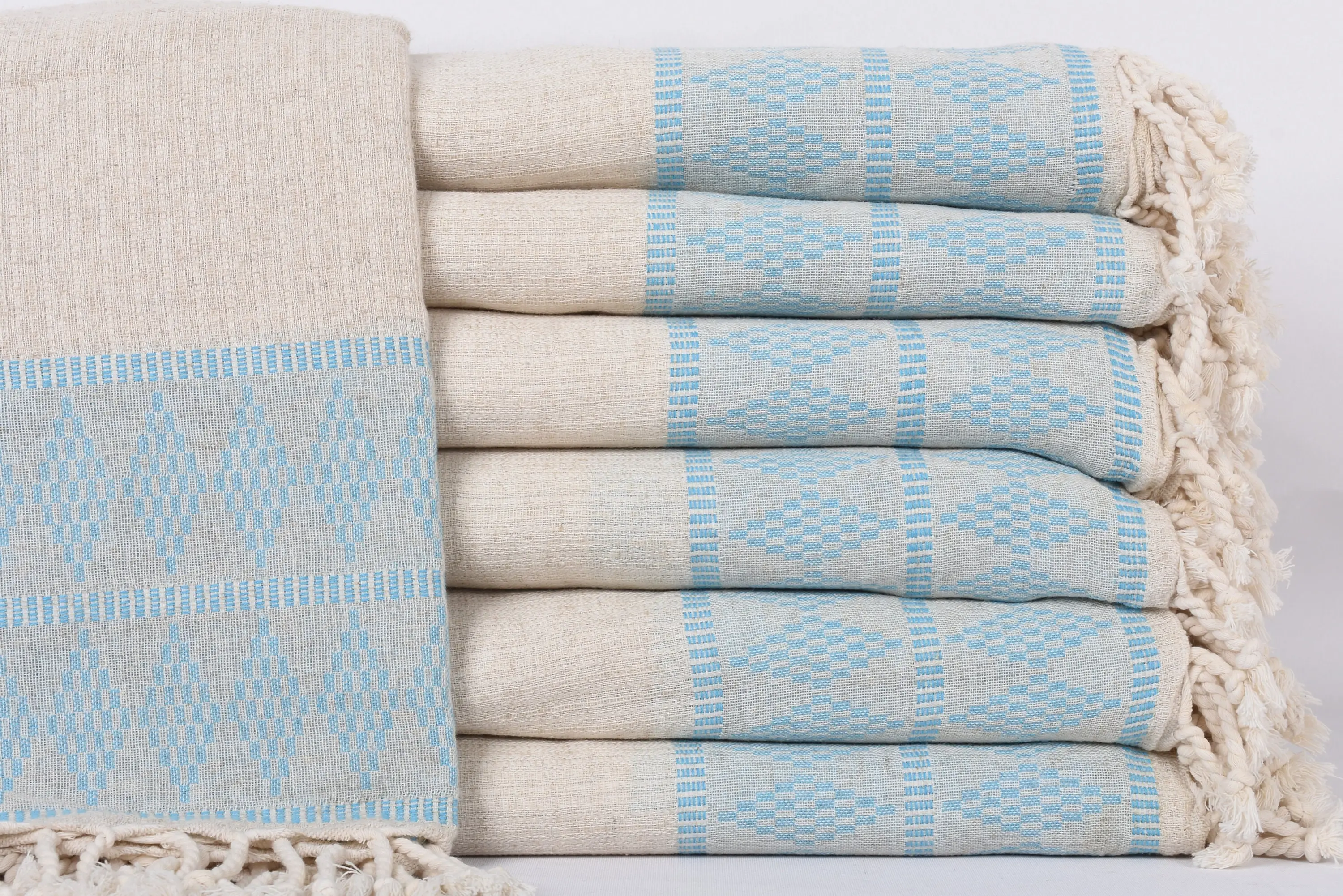 Turkish Turquoise Kilim Design Throw, Handmade Cotton Blanket, 99x87 Inches - 1