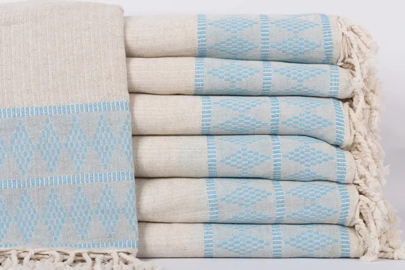 Turkish Turquoise Kilim Design Throw, Handmade Cotton Blanket, 99x87 Inches