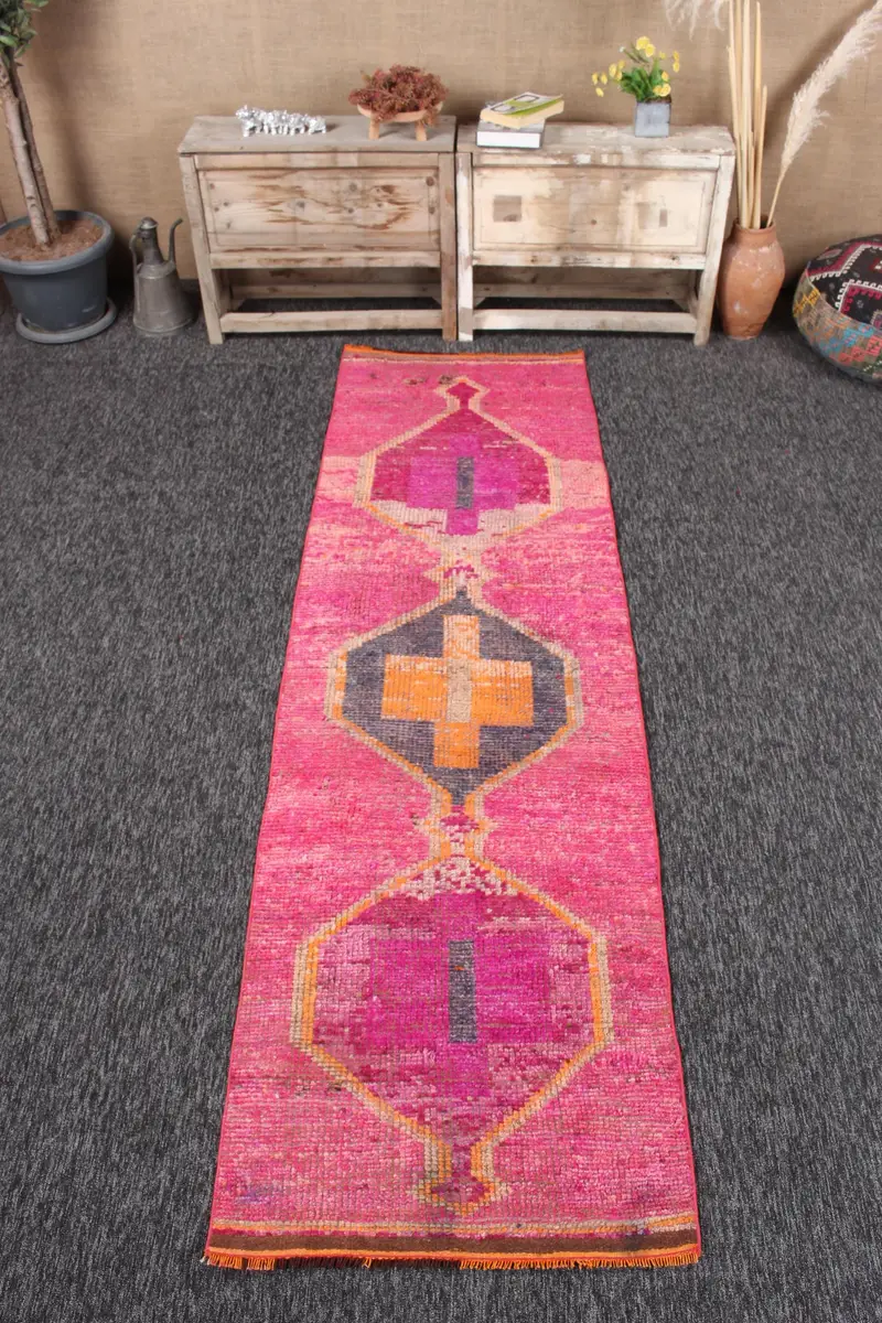 2.6x8.8 ft Turkish Rug, Vintage Runner Rug, Pink Patchwork Wool Rug - 1