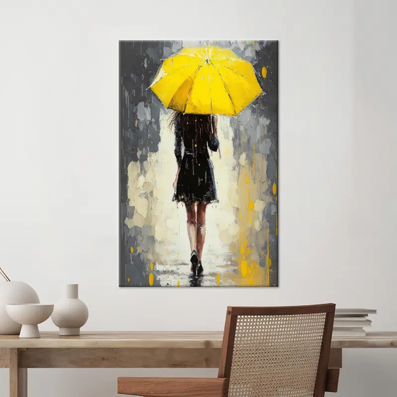 Elegante lienzo con paraguas amarillo: arte abstracto para habitación de niña