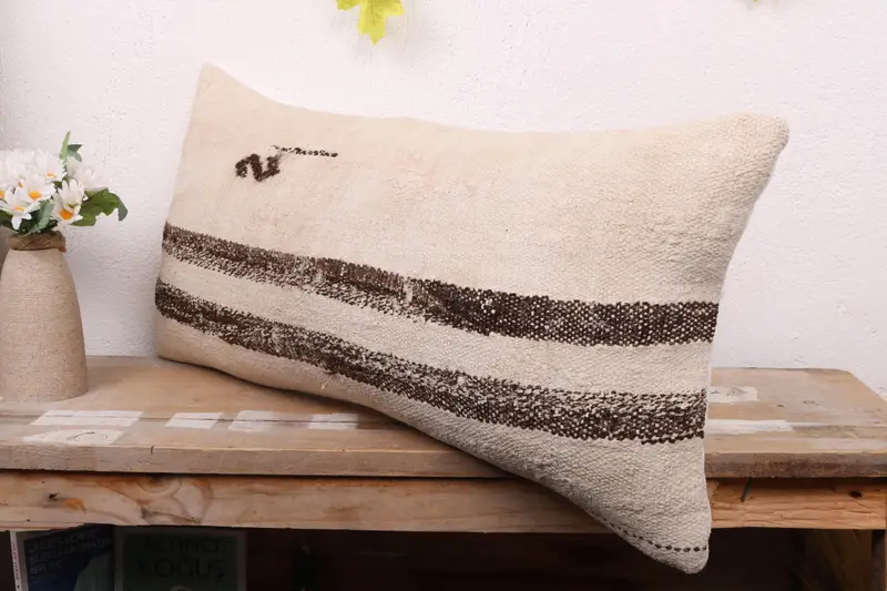 12x24 Beige Cushion Case, Turkish Pillow, Antique Pillows, Pillow, Sofa Bolster Cushion Cover, Wool Kilim Pillow Pillow Case, Pillow for Couch - 4