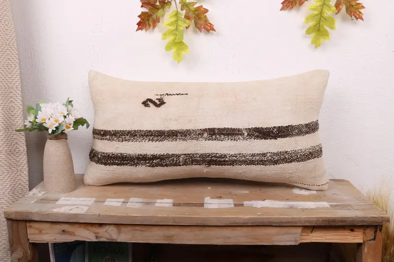 12x24 Beige Cushion Case, Turkish Pillow, Antique Pillows, Pillow, Sofa Bolster Cushion Cover, Wool Kilim Pillow Pillow Case, Pillow for Couch - 1
