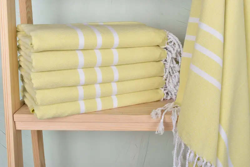 Turkish Towel Beach Embroidered Yellow Striped Beige, 40x71 Inches