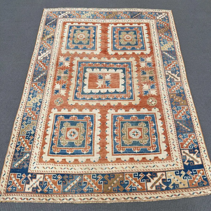 Vibrant 0,4x6,3 ft Rug, Orange & Blue Ikat Pattern