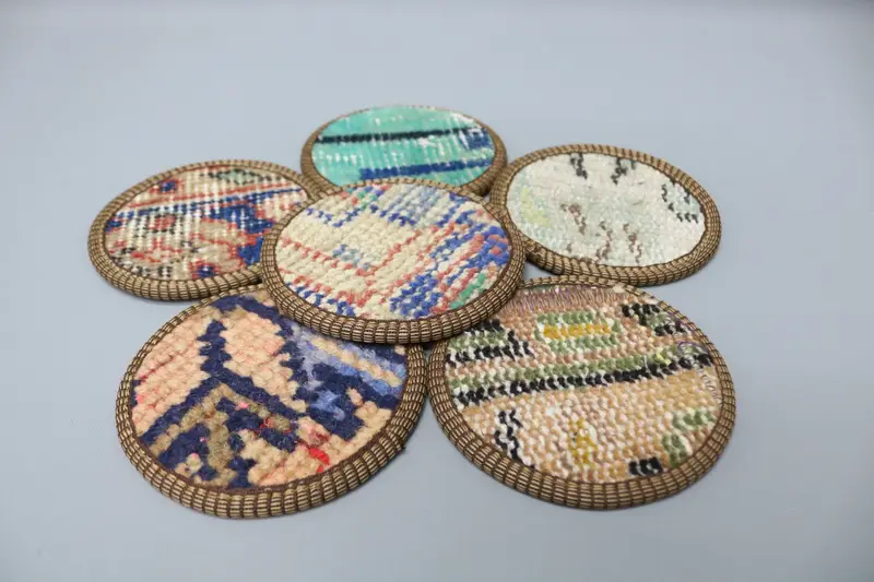 Posavasos redondo bohemio, almohadilla antideslizante azul y beige