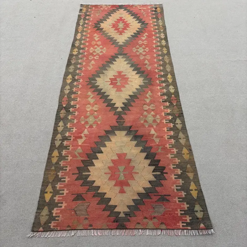 Red Moroccan Rug, 3x7.4 ft Elegant Green Accents
