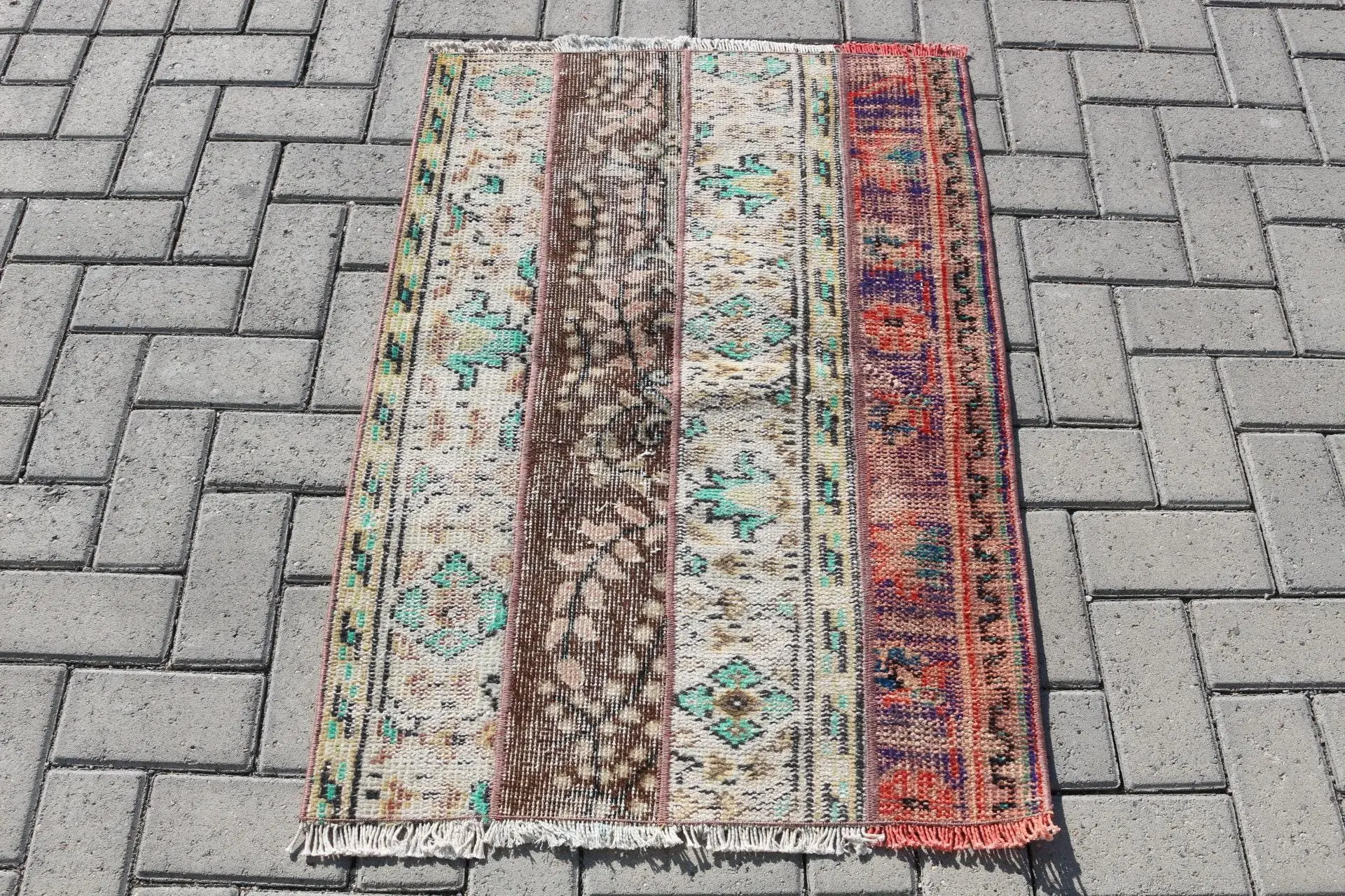 Vintage Rug, 2.3x3.37 ft Turkish Rug, Red Blue Striped Wool Rug - 1