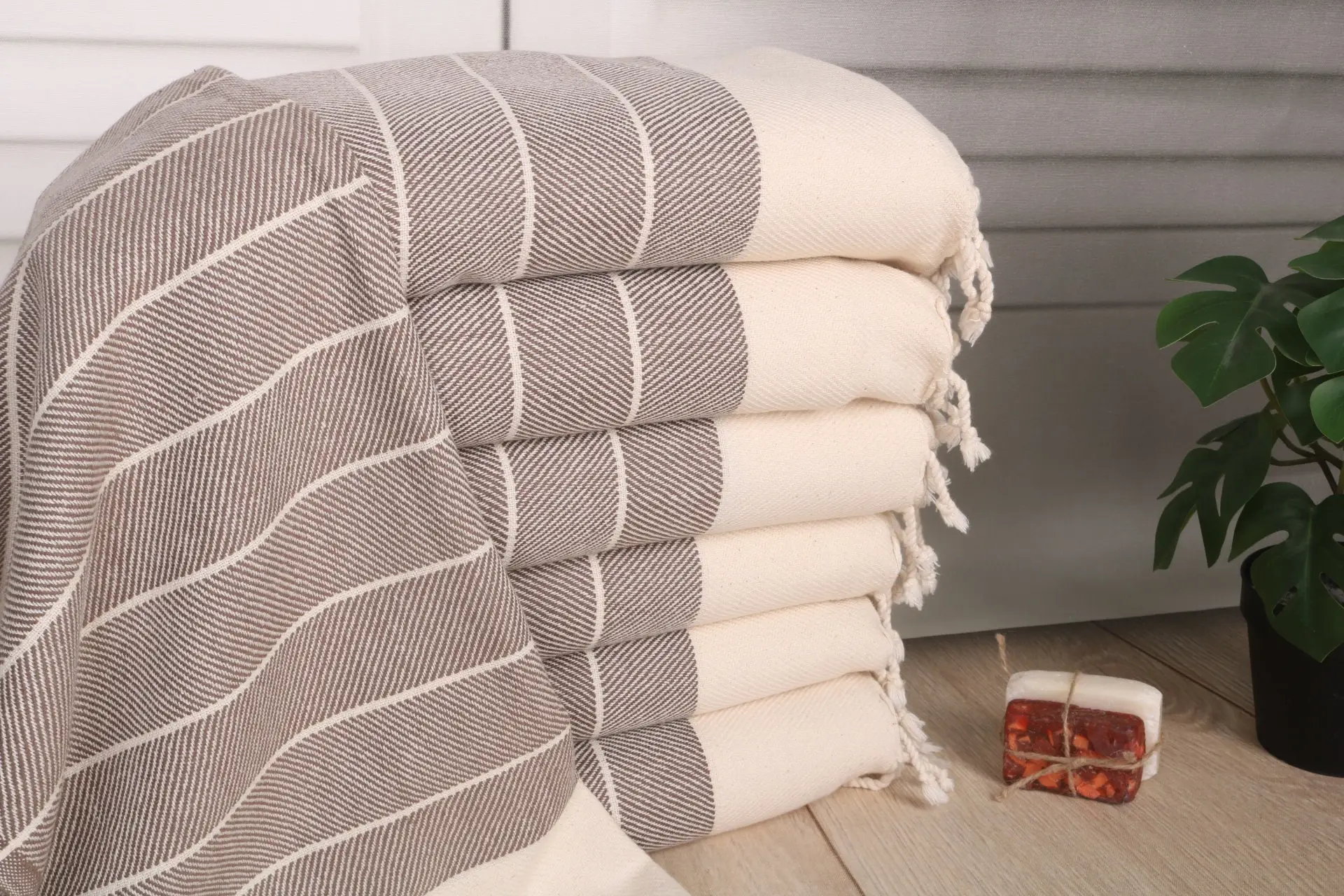 Striped Tea Towel Brown Cotton 16x36 Inches, Personalized Dish Towel - 1
